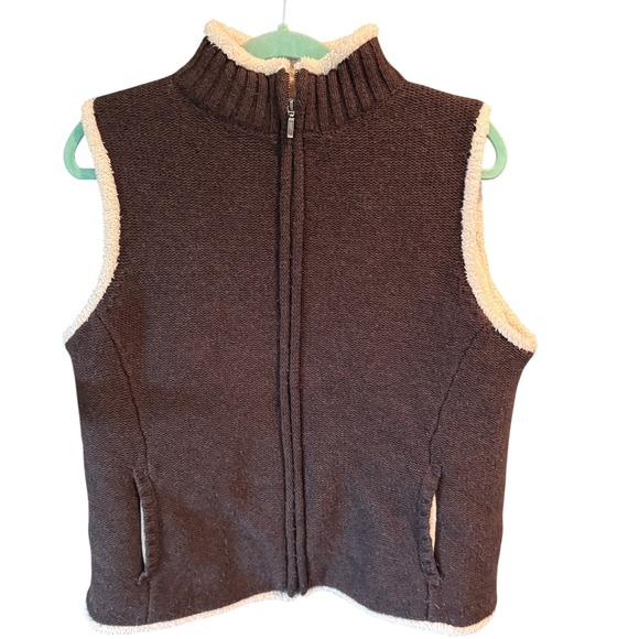 L.L.Bean Womens Lambswool Blend Knit Vest Sherpa Trim Full‎ Zip Brown Large - Picture 1 of 8